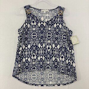 New Juniper + Lime Top Medium Navy White Geometric Artsy Stretch Sleeveless